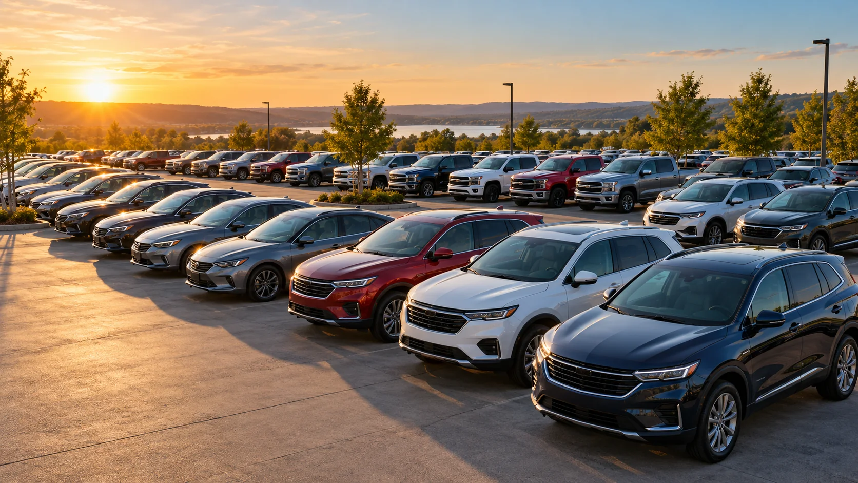 A variety of cars and SUVs arranged in rows on a large dealership lot